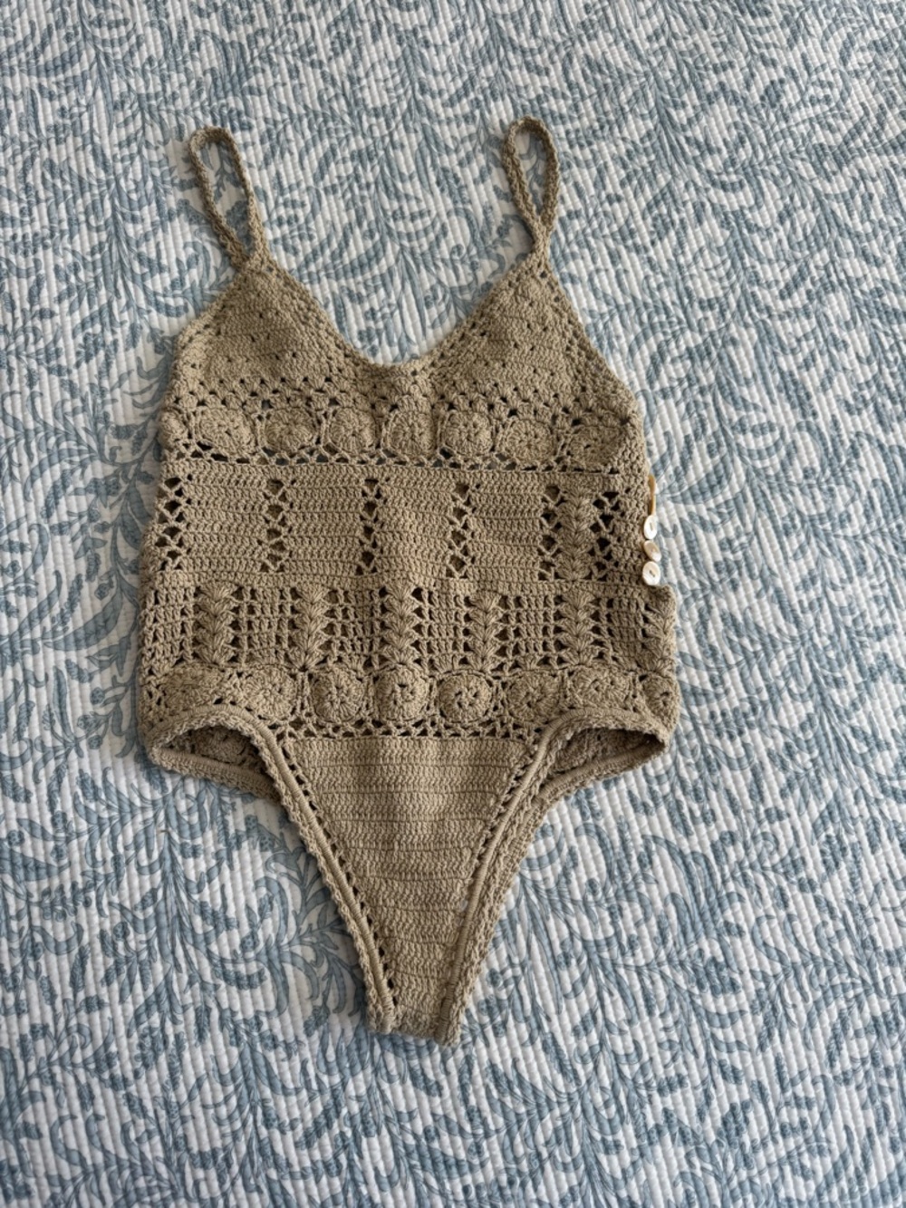 SHE MADE ME Crochet One-Piece Swimsuit in Taupe